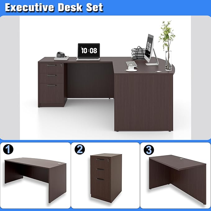 82.67" x 66.93" Bow Front L-Shaped Executive Desk with 3-Drawer File Cabinet (Espresso)