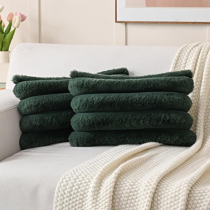 FUTEI Christmas Dark Green Decorative Throw Pillow Covers 12x20 Inch Set of 2, Square Soft Faux Rabbit Fur Thick Striped Lumbar Pillow Case,Winter Home Decor for Couch Bed Living Room