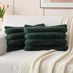 FUTEI Christmas Dark Green Decorative Throw Pillow Covers 12x20 Inch Set of 2, Square Soft Faux Rabbit Fur Thick Striped Lumbar Pillow Case,Winter Home Decor for Couch Bed Living Room