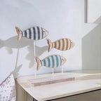 Wooden Fish Figurines with Jute Rope and Cotton String, Fish Sculpture Statues for Home Decoration, Table Top Nautical Decor for Living Room, Bedroom, Beachhouse Home Decor (StripedFish-3)