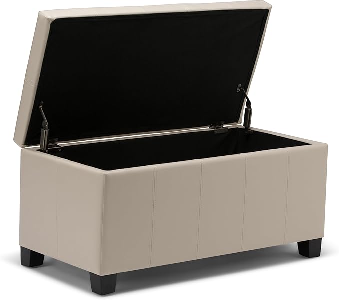 SIMPLIHOME Dover 36 inch Wide Contemporary Rectangle Storage Ottoman Bench in Satin Cream Vegan Faux Leather, Assembled, For the Living Room, Entryway and Family Room