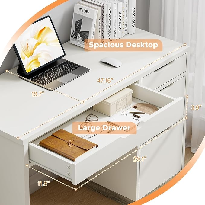 White Desk with Drawers, 48 Inch Small Computer Desk with 4 Storage Drawers for Small Space, Home Office Desk for Bedroom with Storage File Cabinet