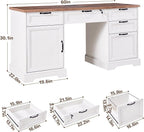 60" Farmhouse Executive Desk with Charging Station,Home Office Desk with 4 Drawers & 1 Cabinet&1 File Cabinet,Main Drawer with Lock,Wood Desk for Office and Home