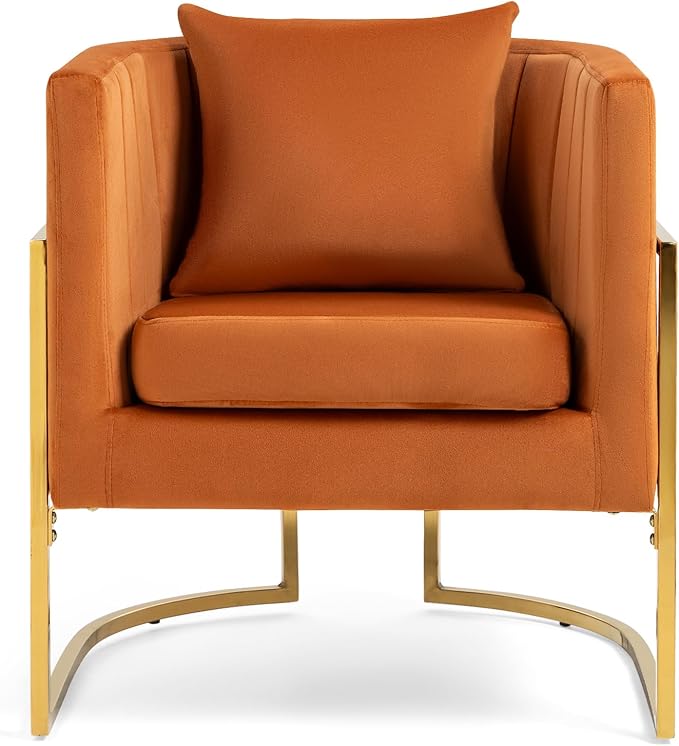 Velvet Modern Accent Chair, Upholstered Barrel Armchair Mid Century with Pillow for Living Room, Comfy Single Vanity Chair with Metal Gold Legs for Bedroom, Orange