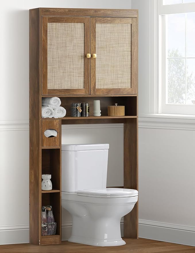 Over The Toilet Storage Cabinet, Over Toilet Bathroom Organizer with Double Doors and Adjustable Shelf, Freestanding Home Space Save Toilet Rack (Rustic Brown, Double Doors)