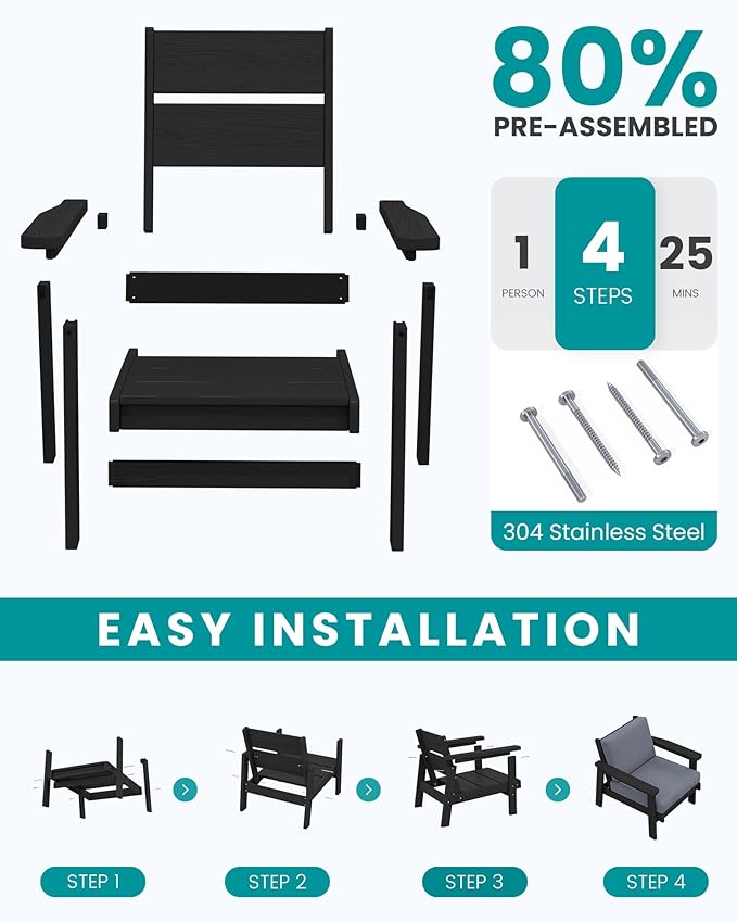 SERWALL HDPE Outdoor Couch Set of 2, Black Frame and Grey Cushion