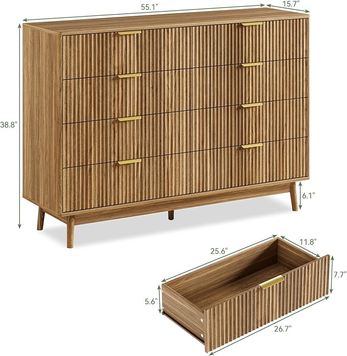 LYNSOM Fluted 8 Drawer Dresser for Bedroom, 55" Wide Modern Chest of Drawers with Curved Profile Design and Metal Handles, Wood Dresser TV Stand & Storage Organizer for Bedroom, Hallway, Walnut