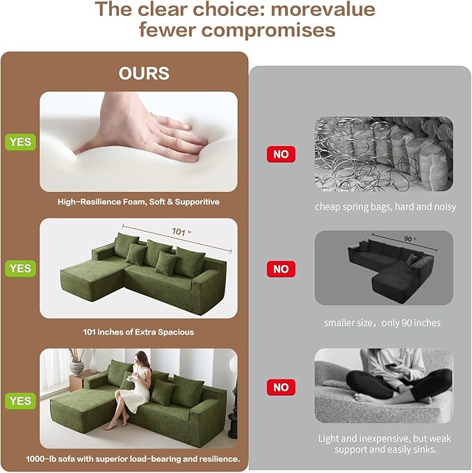 101" Modular Sectional Sofa for Living Room,Boneless Couch in A Box,Memory Foam Sectional Couches for Apartment,Cloud Couch No Assembly Required,Green