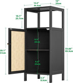 Bamboo Floor Rattan Cabinet, Small Bathroom Storage Organizer Rack with 1 Door and 1 Shelf, Space Saving Wood Kitchen Cupboard, Hallway Side Table, Living Room Freestanding Stand (Black)
