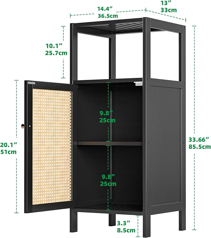 Bamboo Floor Rattan Cabinet, Small Bathroom Storage Organizer Rack with 1 Door and 1 Shelf, Space Saving Wood Kitchen Cupboard, Hallway Side Table, Living Room Freestanding Stand (Black)