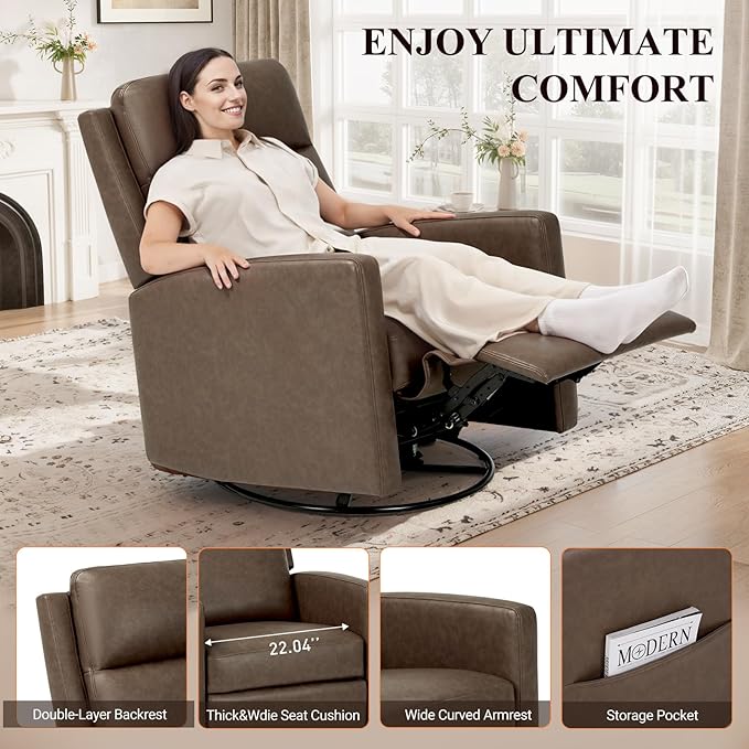 COLAMY Recliner Chair Set of 2, PU Leather 360° Swivel Rocker Recliner, Nursery Glider Recliner with Ergonomic High Backrest and Upholstered Deep Seat for Living Room, Bedroom, Color Gray