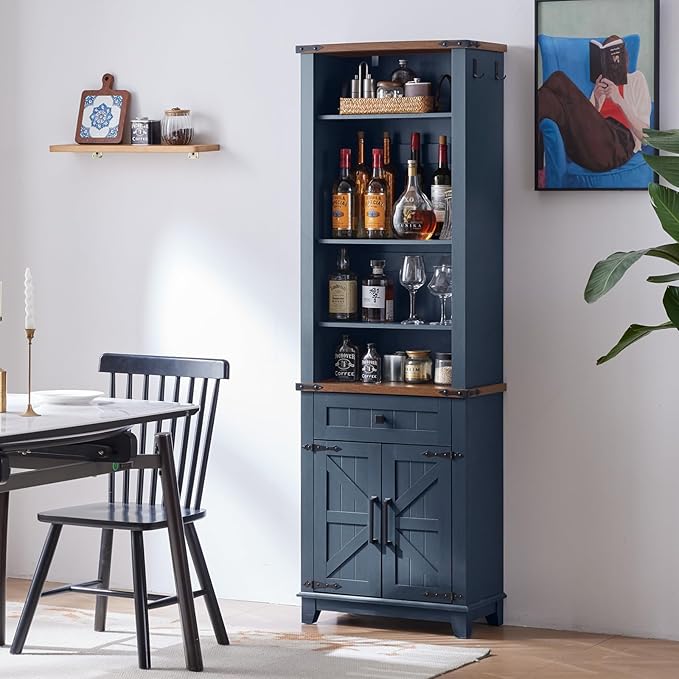 72in Tall Bookshelf 7 Tier Bookcase with Drawer and Barn Doors and Adjustable Shelves, Blue Farmhouse Book Shelf with Storage Cabinet, Wood Freestanding Display Bookshelves for Kitchen (3PCS)