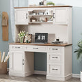 67" H Farmhouse Executive Desk with Hutch. Wood Workstation with 5 Drawers, Storage Cabinet, File Drawers and Charging Station, Ideal as Office Desks, Computer Desk for Home Office and Study