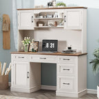 Vabches 67" H Farmhouse Executive Desk with Hutch. Wood Workstation with 5 Drawers, Storage Cabinet, File Drawers and Charging Station, Ideal as Office Desk, Computer Desk for Home Office and Study