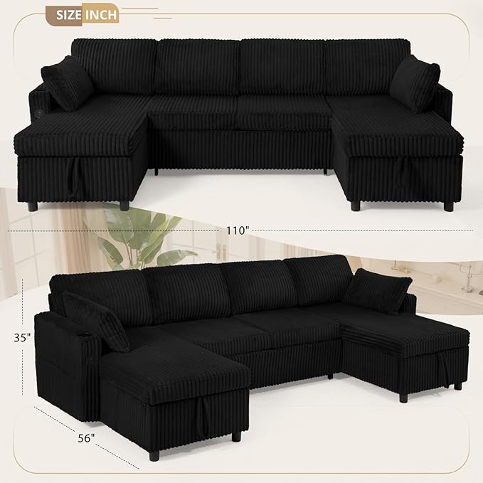 110" Corduroy Pull Out Sofa Bed w/Adjustable Backrests, Sectional U-Shape Sleeper Sofa w/Storage Chaise, Convertible Couch Bed w/USB Charging Port & Cup Holders for Living Room, House, Black