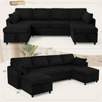 110" Corduroy Pull Out Sofa Bed w/Adjustable Backrests, Sectional U-Shape Sleeper Sofa w/Storage Chaise, Convertible Couch Bed w/USB Charging Port & Cup Holders for Living Room, House, Black