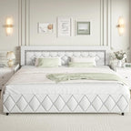 BarnFurin King Size Bed Frame and Headboard, Faux Leather Upholstered Bed with Diamond Tufted Design, Modern Platform Bed Frame with Wooden Slats Support, No Box Spring Required, Easy Assembly, White