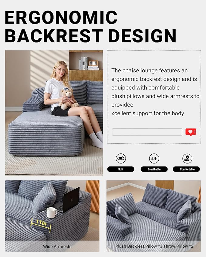 95 Inch Cloud Sectional Couch,Modular Sectional Sofa with Deep Seat,Modern Corduroy Boneless Couches with L-Shape Chaise for Living Room Bedroom,No Assembly Required (Grey, Right Facing Chaise)