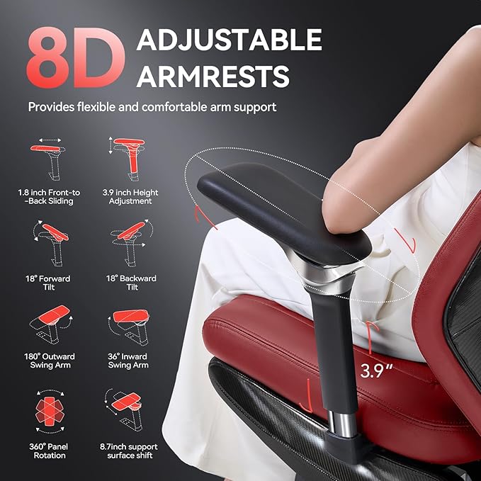 EMIAH Ergonomic Office Chair with Foot Rest Electric Reclining Office Chair with Adjustable Headrest, 8D Coordinated Armrests High Back Computer Chair with Lumbar Support（Red）