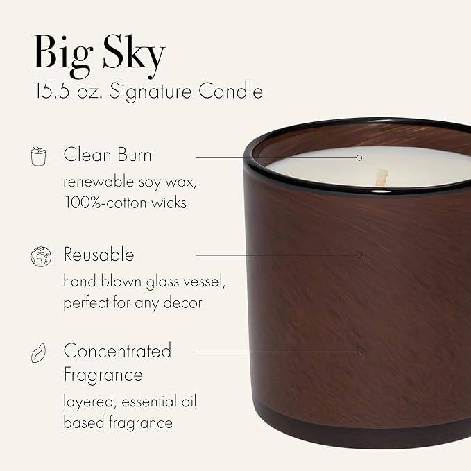 LAFCO New York Signature Candle, Big Sky - 15.5 oz - 90-Hour Burn Time - Reusable, Hand Blown Glass Vessel - Made in The USA