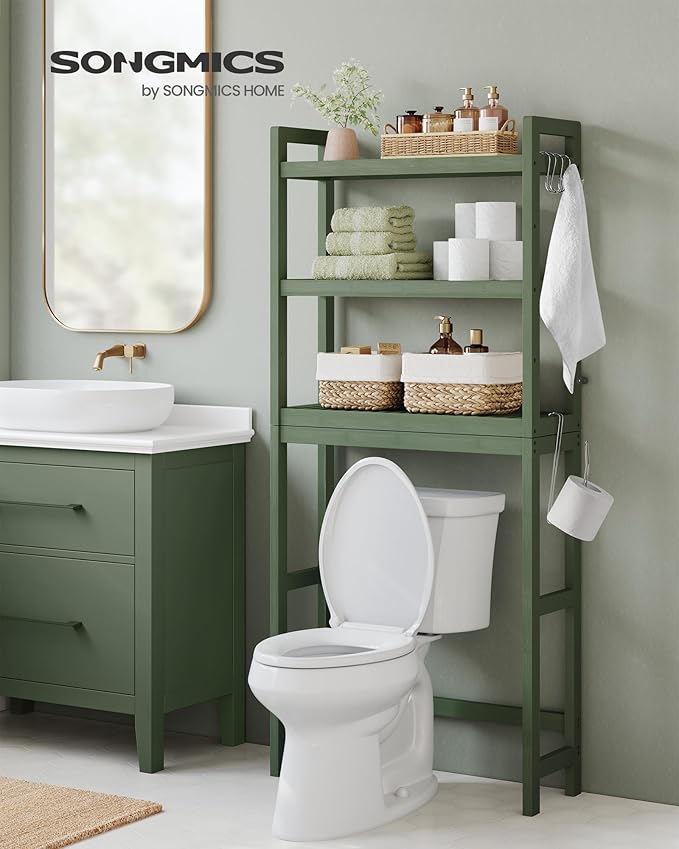 SONGMICS Over The Toilet Storage, 3-Tier Over Toilet Bathroom Organizer with Adjustable Shelf, 10.2 x 24.8 x 66.9 Inches, Space-Saving, Forest Green UBTS001C01