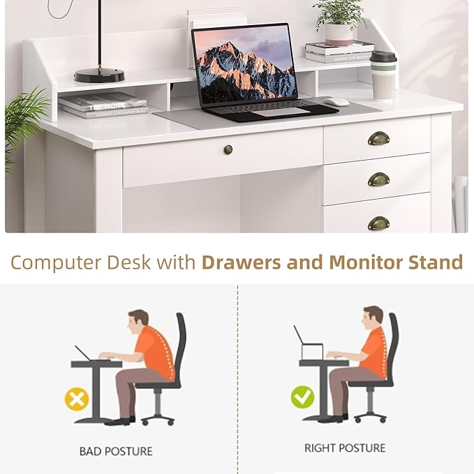4 EVER WINNER White Desk with Drawers, Small Desk with File Drawer for Small Spaces, Writing Desk with Monitor Stand Wood Table for Home Office, White