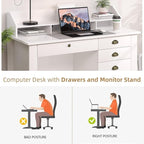 4 EVER WINNER White Desk with Drawers, Small Desk with File Drawer for Small Spaces, Writing Desk with Monitor Stand Wood Table for Home Office, White