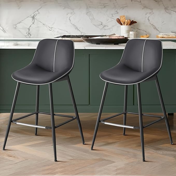 VASAGLE Bar Stools Set of 2, Counter Height Bar Stools with Back, Ergonomic Backrest, Synthetic Leather, Metal Legs, 24.4-Inch Tall Barstools for Kitchen Island Home Bar, Easy Assembly, Ink Black
