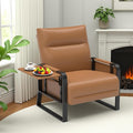 Faux Leather Accent Chair with Flip Up Tray Table Soft Backrest Side Pocket for Living Room Office Bedroom Leather Accent Chair, Brown