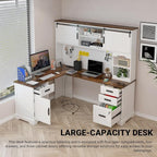 Executive Desk, Farmhouse Home Office Desk with Drawers and Storage Cabinet, Wood Computer Desk for Work and Study, Antique White (Style Two)