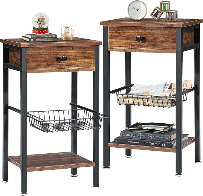 VECELO Tall End Side Tables 27 Inch Night Stand with U-Shape Basket and Storage Drawer/Shelf for Living Room/Bedroom/Small Spaces, Set of 2, Hemp Gray
