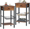 VECELO Tall End Side Tables 27 Inch Night Stand with U-Shape Basket and Storage Drawer/Shelf for Living Room/Bedroom/Small Spaces, Set of 2, Hemp Gray