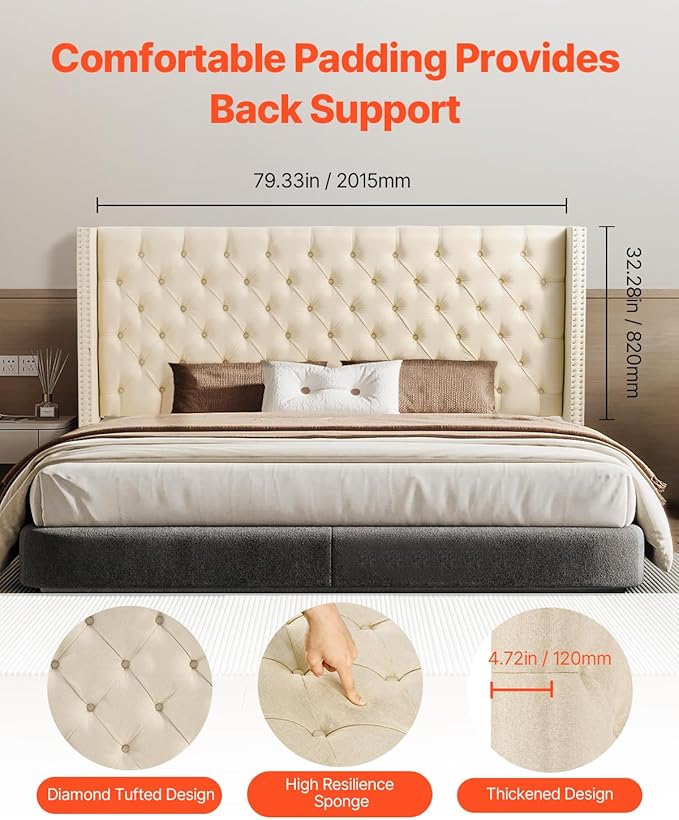 VEVOR Headboard, King Size Headboard with Adjustable Height, Comfortable Diamond Tufted for King Size Bed, W84.1 x H (54.33-60.24) x D 8.27 in, Ideal for Bedroom, Hotel, Homestay, Dormitory, Cream