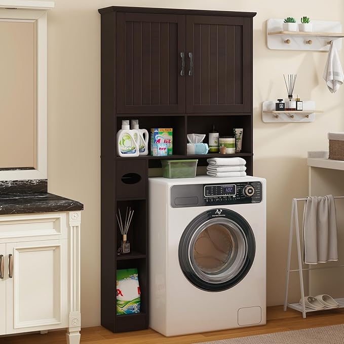 Vabches Over The Toilet Storage Cabinet, Farmhouse Storage Cabinet Over Toilet with Barn Door& Toilet Paper Holder Stand，Home Space-Saving Toilet Rack, for Bathroom, Restroom, Laundry.(Walnut)