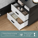Nightstands Set of 2 with Charging Station, 25.8" Tall Wide Bedside Table with 2 Storage Drawers & Open Shelf, Mid Century Modern Wood End Table for Bedroom, Living Room, Black/White