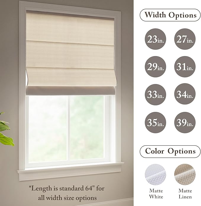 Madison Park Galen Matte Linen Cordless Roman Shades - Fabric Privacy Single Panel Darkening, Energy Efficient, Thermal Insulated Window Blind Treatment, for Home, Living Room Decor, 34" W x 64" H