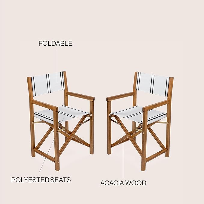 JONATHAN Y DRC1001B-SET2 Cukor Classic Vintage Outdoor Acacia Wood Folding Director Chair with Canvas Seat Mid-Century, Modern, Traditional, Classic, Coastal, White/Black Stripe/Teak Brown (Set of 2)