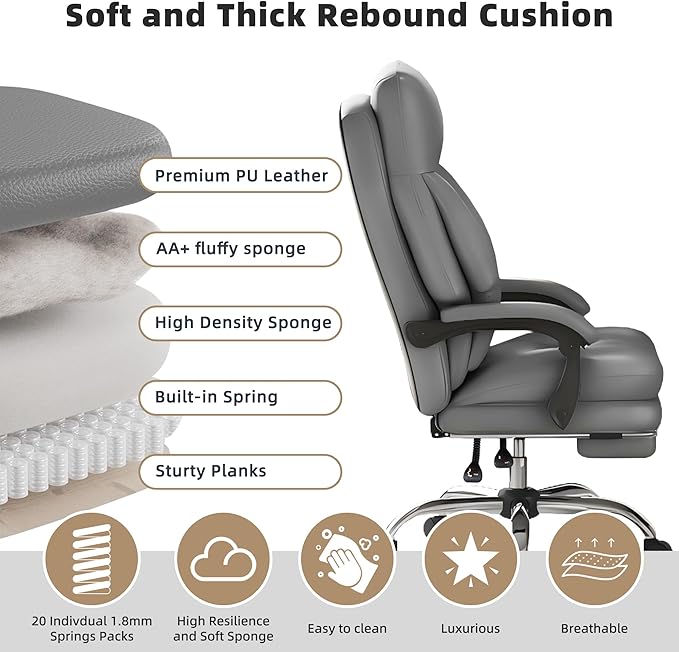 Home Office Desk Chair, 90°-160° Reclining, High Back Executive OfficeChair 400LBS with Footrest, Ergonomic Scratch-Resistant Faux Leather Computer Gaming Chair with Lumbar Support