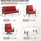 6 Piece Metal Outdoor Patio Furniture Set, Patio Conversation Set with Swivel Chair and 5.75" Thick Cushion & Coffee Tabl, Outdoor Seating Black Frame Backyard Furniture, Rust Red