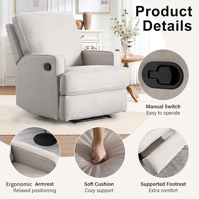 INZOY Manual Recliner with Thicker Backrest, Soft Fabric Manual Recliner with Overstuffed Cushion, Heavy Duty Reclining Sofa for Living Room Bedroom Apartment, Beige