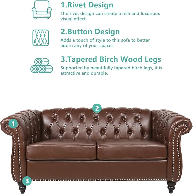 2 Piece Living Room Furniture Set, Faux Leather Loveseat and Chair Set, Mid Century Modern Upholstered Sofa Couch with Cushions, Vintage Comfy Tufted Chesterfield Couches for Bedroom, Office (Brown)