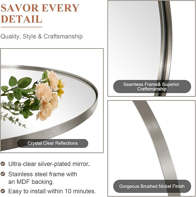 ANDY STAR Arched Mirror, 22 x 30 Inch Brushed Nickel Wall Mirror in Stainless Steel Metal Frame, Arch Top Rounded Corner 1 Inch Deep Set Design Wall Mount Hangs Vertical