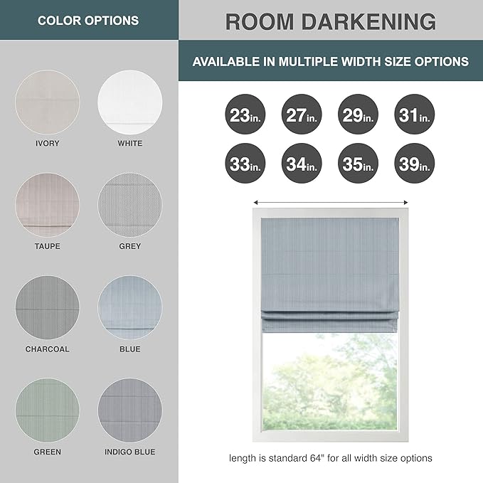 Madison Park Galen Cordless Roman Shade, 29"W x 64"H, Sheen Blue – Room Darkening, Thermal Insulated, Energy Efficient Window Blind with Subtle Sheen Basketweave Fabric for Privacy