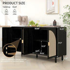 Black Sideboard Cabinet with 4 Rattan Doors, Rattan Buffet Cabinet with Adjustable Shelves & Pine Legs, Boho Sideboard Buffet for Living Room, Kitchen, Entryway, Black