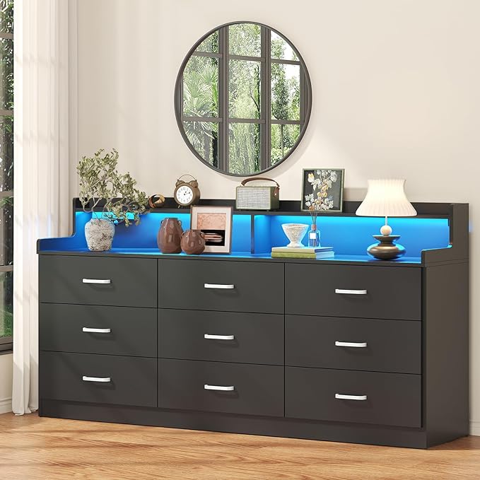 Bigbiglife 9 Drawer Dresser with Built in Power Outlet and LED Light, Modern Chest of Drawers for Bedroom, Triple Wide Drawer Organizer Cabinet for Living Room, Entryway, Hallway, Black