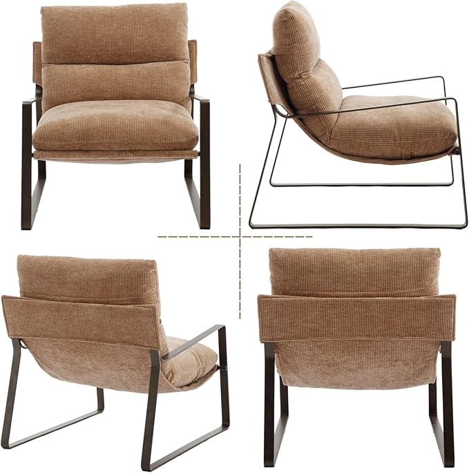 LukeAlon Modern Chenille Accent Armchair, Upholstered Lounge Chair with Brass Metal Frame Thickened Cushion Single Sofa Chair Comfy Leisure Side Chair with Armrest for Bedroom Living Room, Khaki