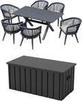 PURPLE LEAF Patio Dining Set for 6 with Gray Storage Box All-Weather Wicker 7 Piece Aluminium Outdoor Table and Chairs Set Included Cushions Modern Outdoor Furniture Set Grey and Navy