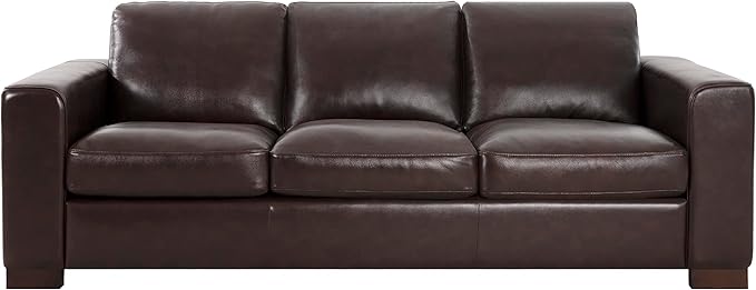 Naomi Home Freya Genuine Leather Sofa - Luxurious Comfort, Goose Feather Cushion Filling, Square Arm Design, Sturdy Block Legs, Elegant Espresso - Ideal for Living Room, Office, or Bedroom