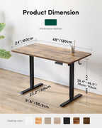 FEZIBO One-Piece Standing Desk Adjustable Height Stand up Home Office Desk, 48x24 Inch Electric Standing Computer Desk, with 4 Memory Presets, Headphone Hook, Rustic Brown