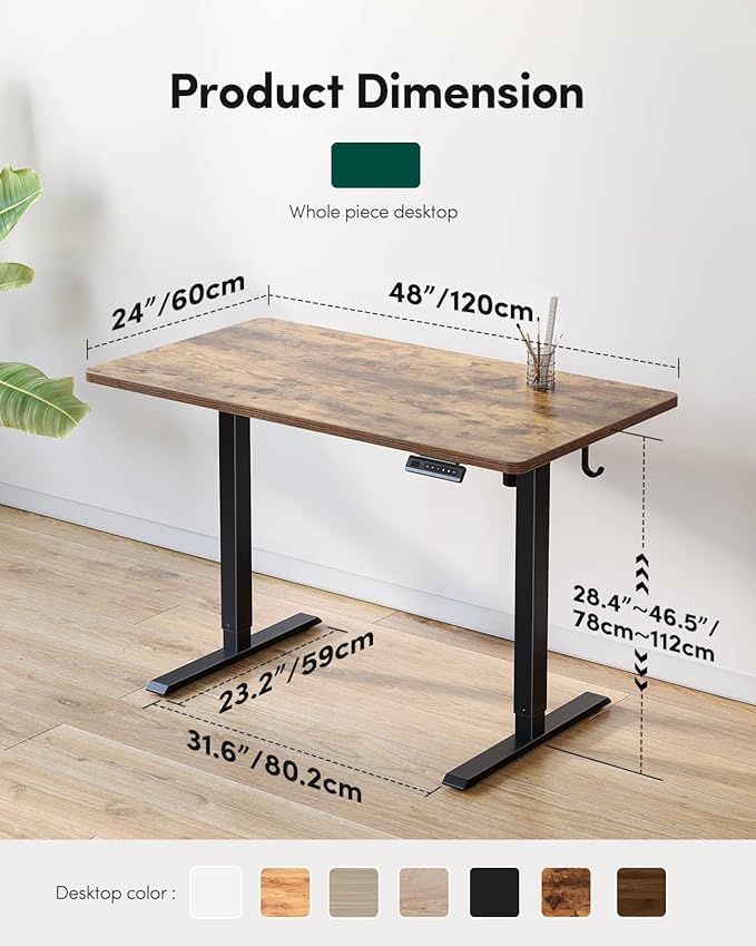 FEZIBO One-Piece Standing Desk Adjustable Height Stand up Home Office Desk, 48x24 Inch Electric Standing Computer Desk, with 4 Memory Presets, Headphone Hook, Rustic Brown